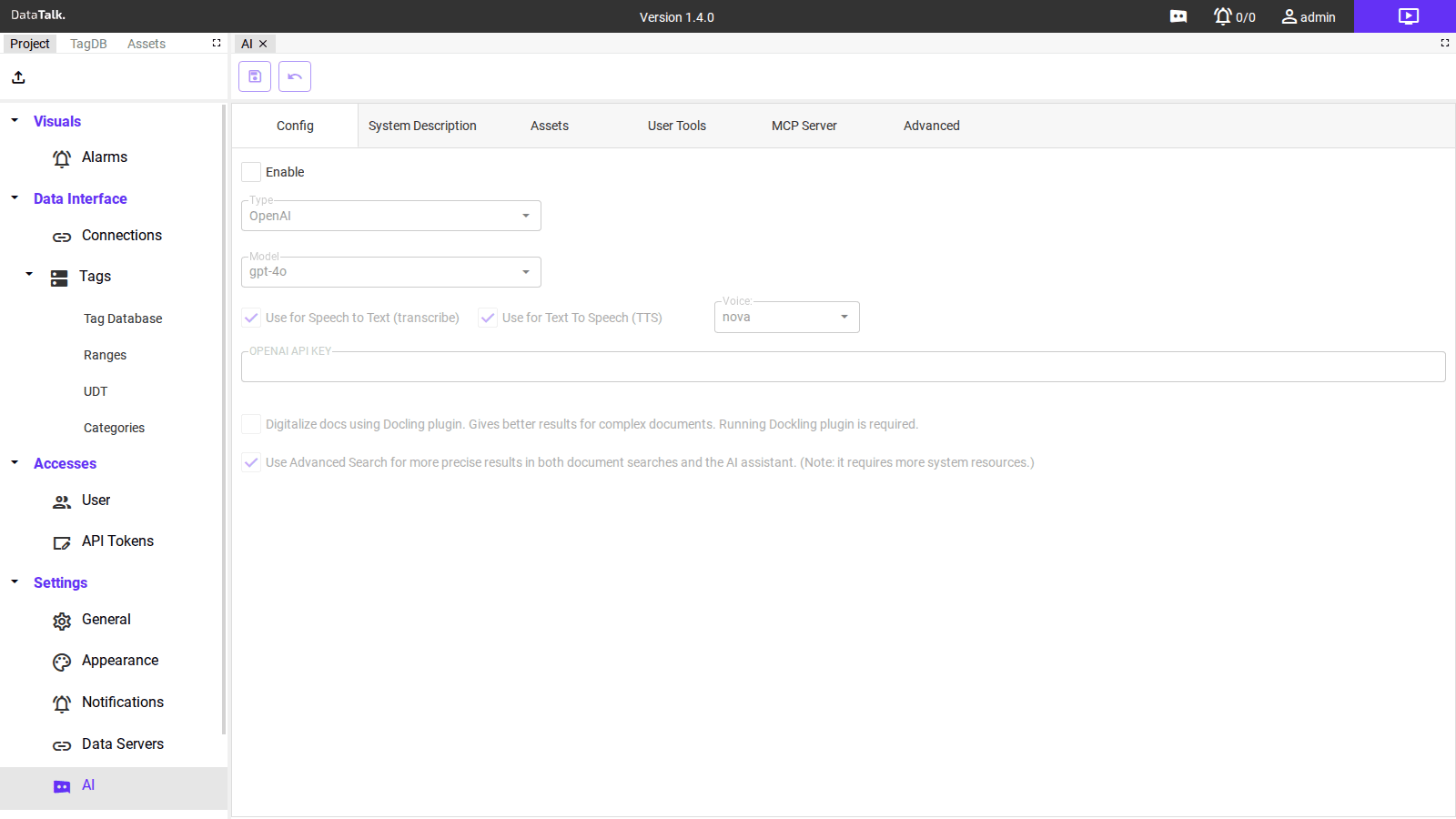 AI Settings — Config tab showing Enable toggle, Type, Model, speech options, and API key field