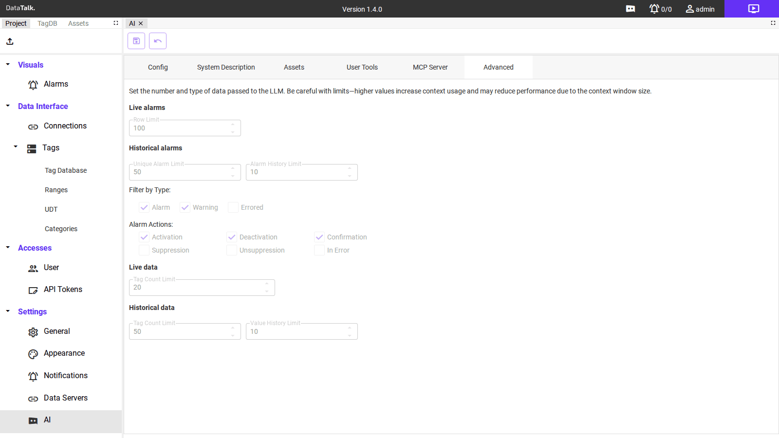 AI Settings — Advanced tab with data limits for alarms and tags