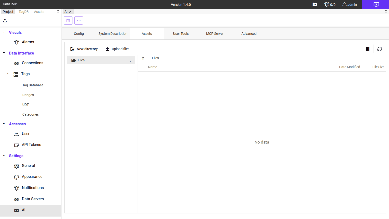 AI Settings — Assets tab with New directory and Upload files buttons