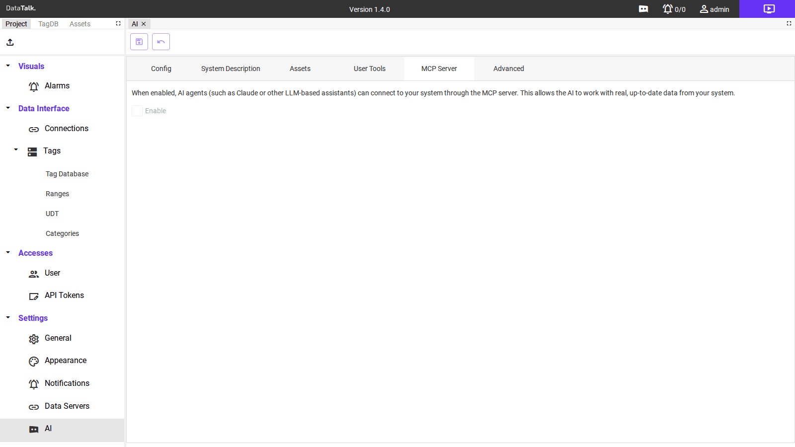 AI Settings — MCP Server tab with Enable toggle