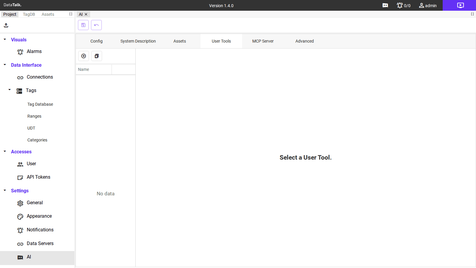 AI Settings — User Tools tab with empty Name table
