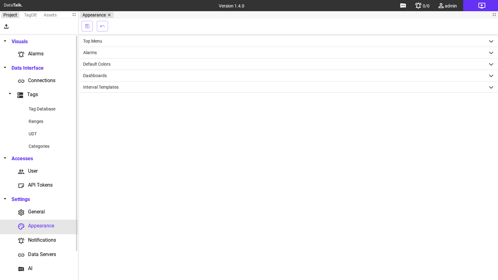 Appearance settings — sections collapsed