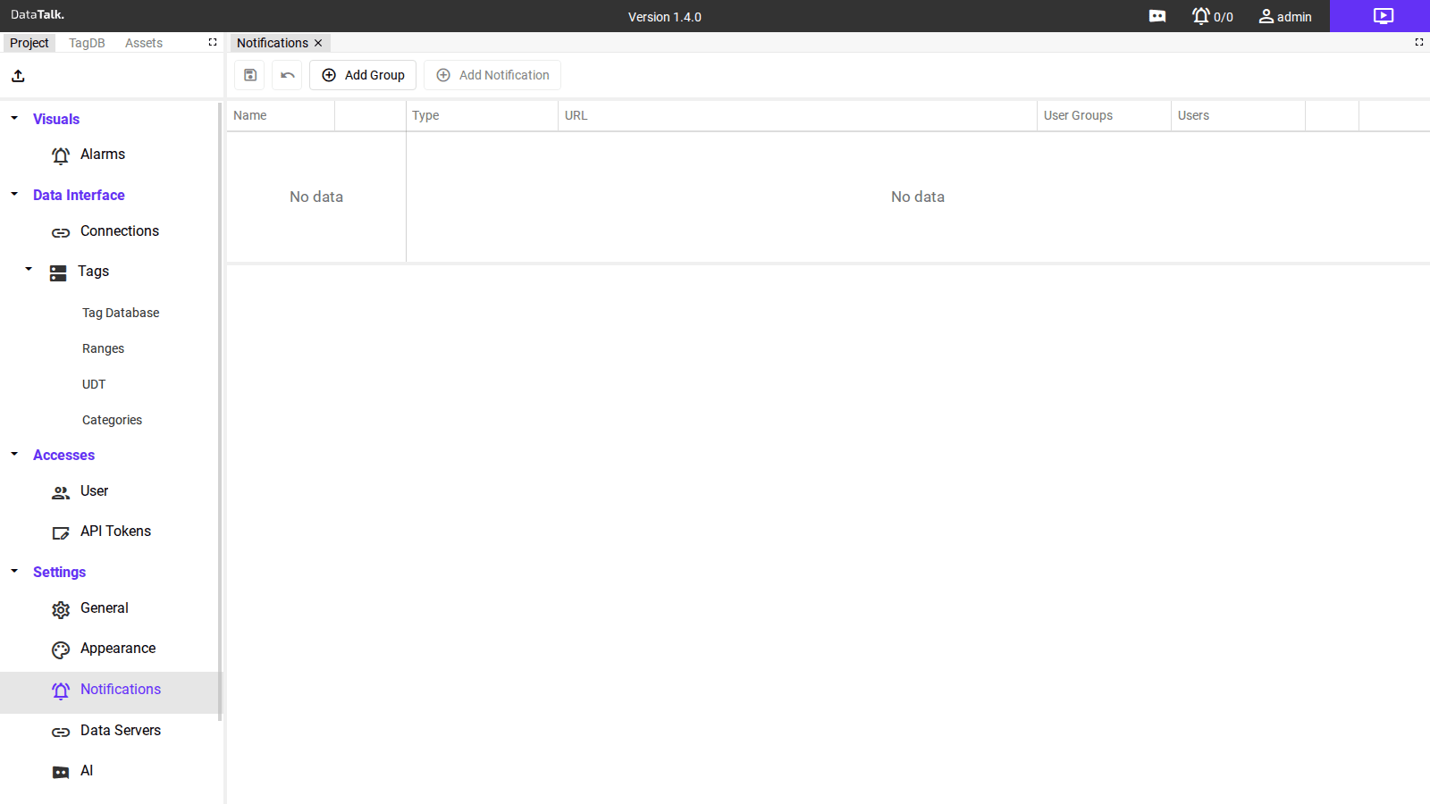 Notifications page — group list on the left, notifications table on the right