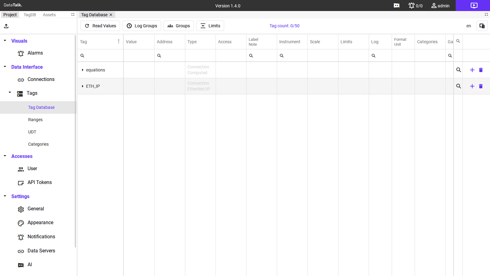 Tag Database — toolbar and grid with built-in rows
