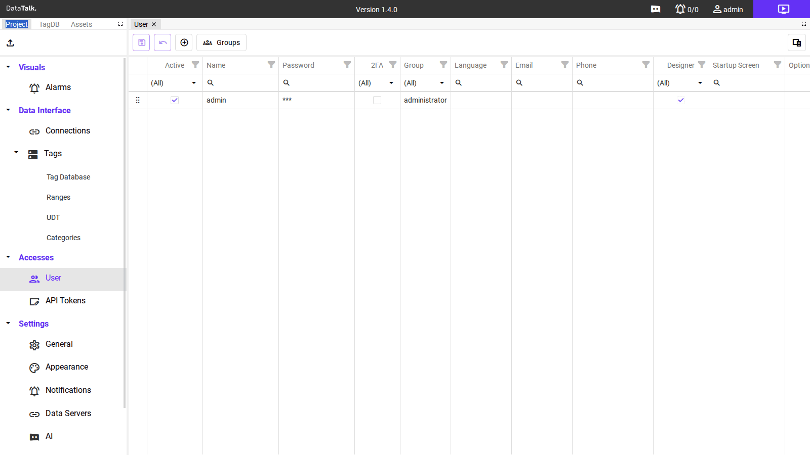 Users — user management grid