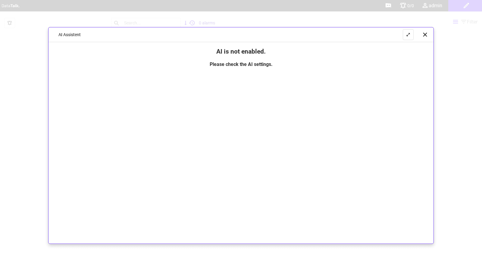 AI Assistent panel open — showing "AI is not enabled. Please check the AI settings."