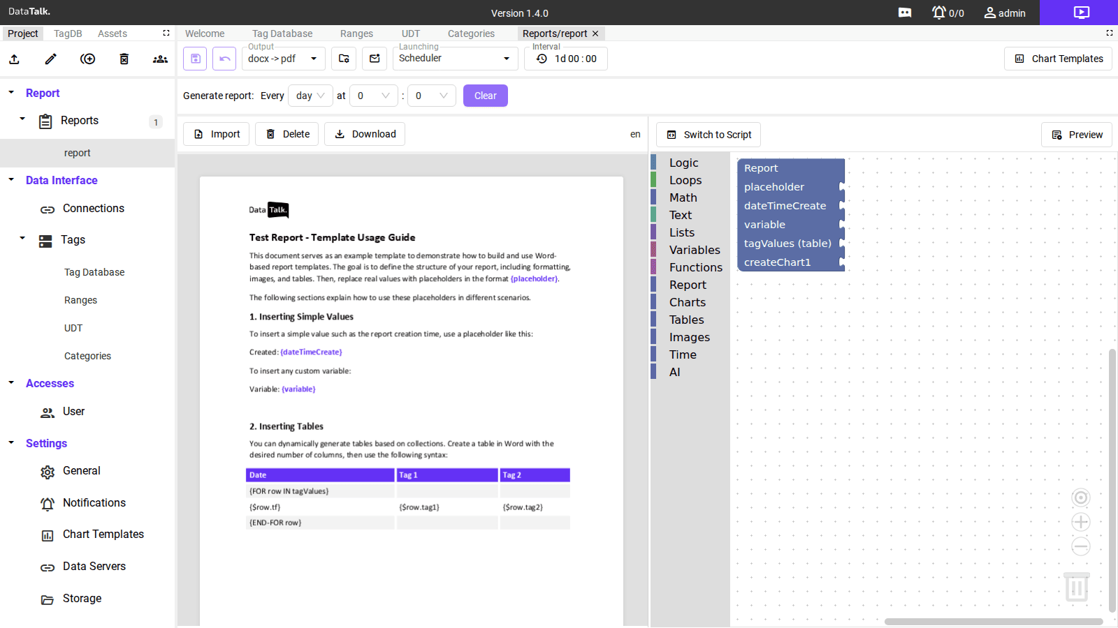 Report editor β toolbar, Word template preview, and function browser