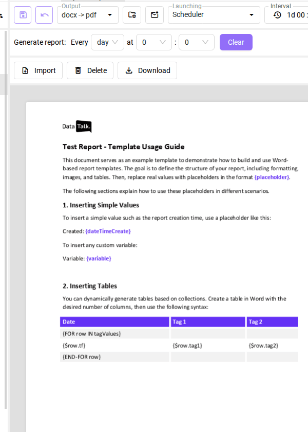 Word template preview โ placeholders highlighted in purple, table loop syntax visible