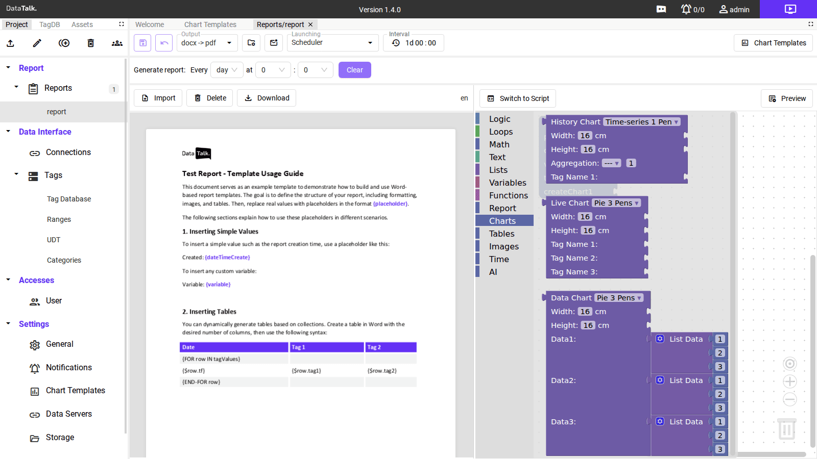 Charts category — History Chart, Live Chart, Data Chart blocks with their parameters