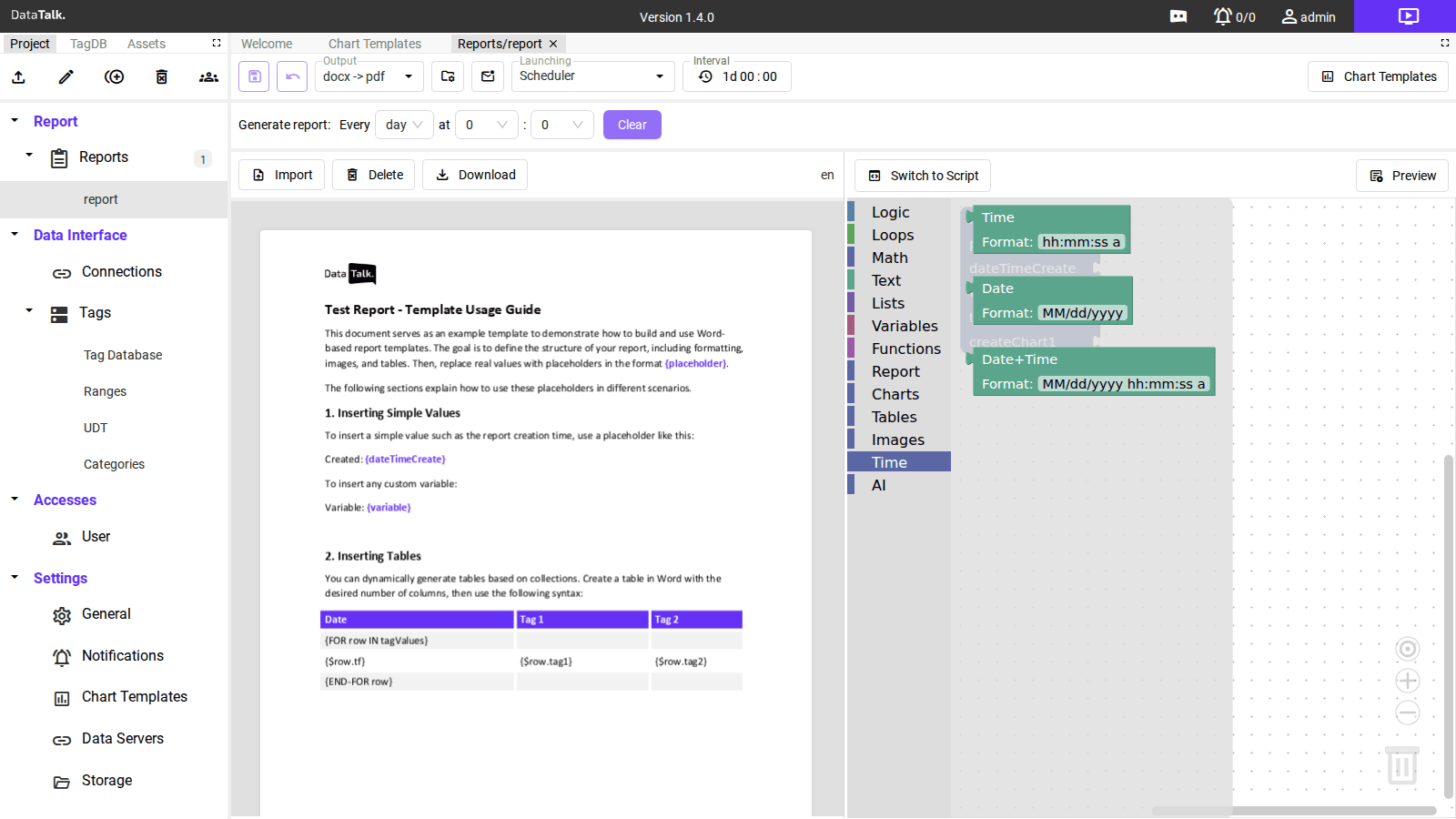 Time category — Time, Date, Date+Time blocks with format strings