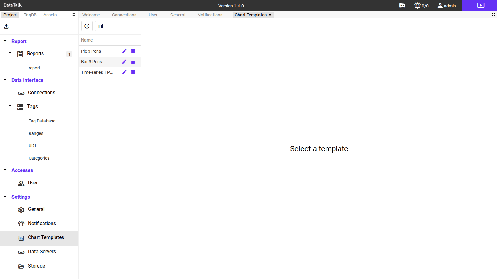 Chart Templates — list with three default templates