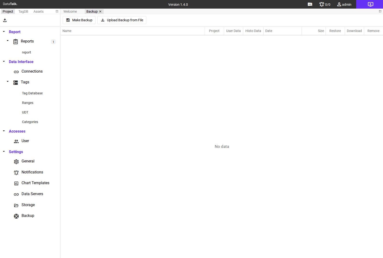 Backup โ Make Backup button, Upload Backup from File, and the backup list
