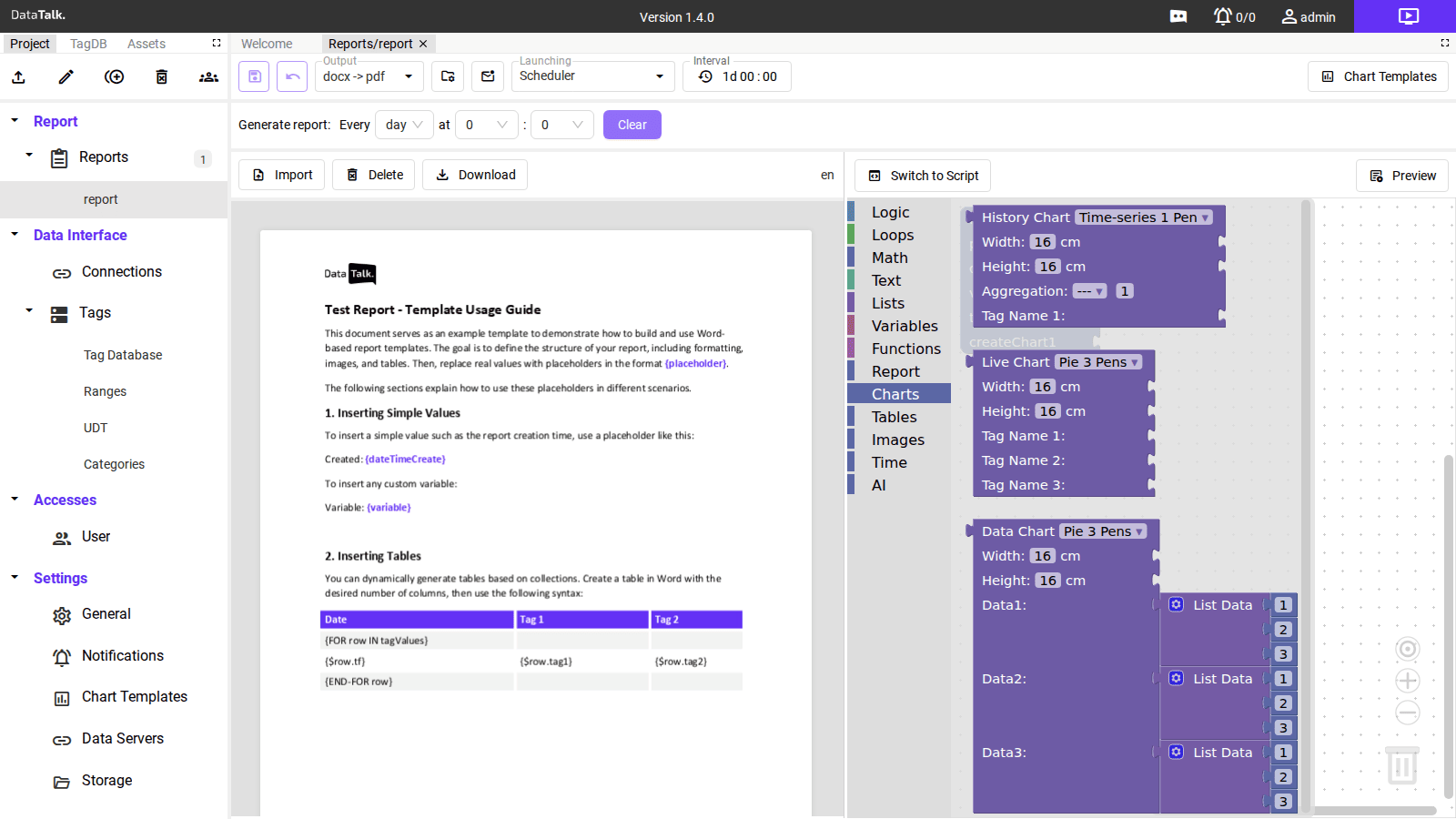 Report editor โ Word template with placeholders on the left, chart function blocks on the right