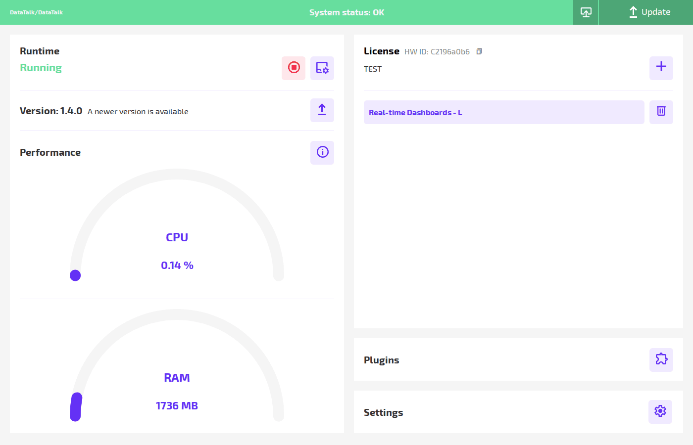DataTalk Manager dashboard showing Runtime status, Version, Performance gauges, License, Plugins and Settings sections
