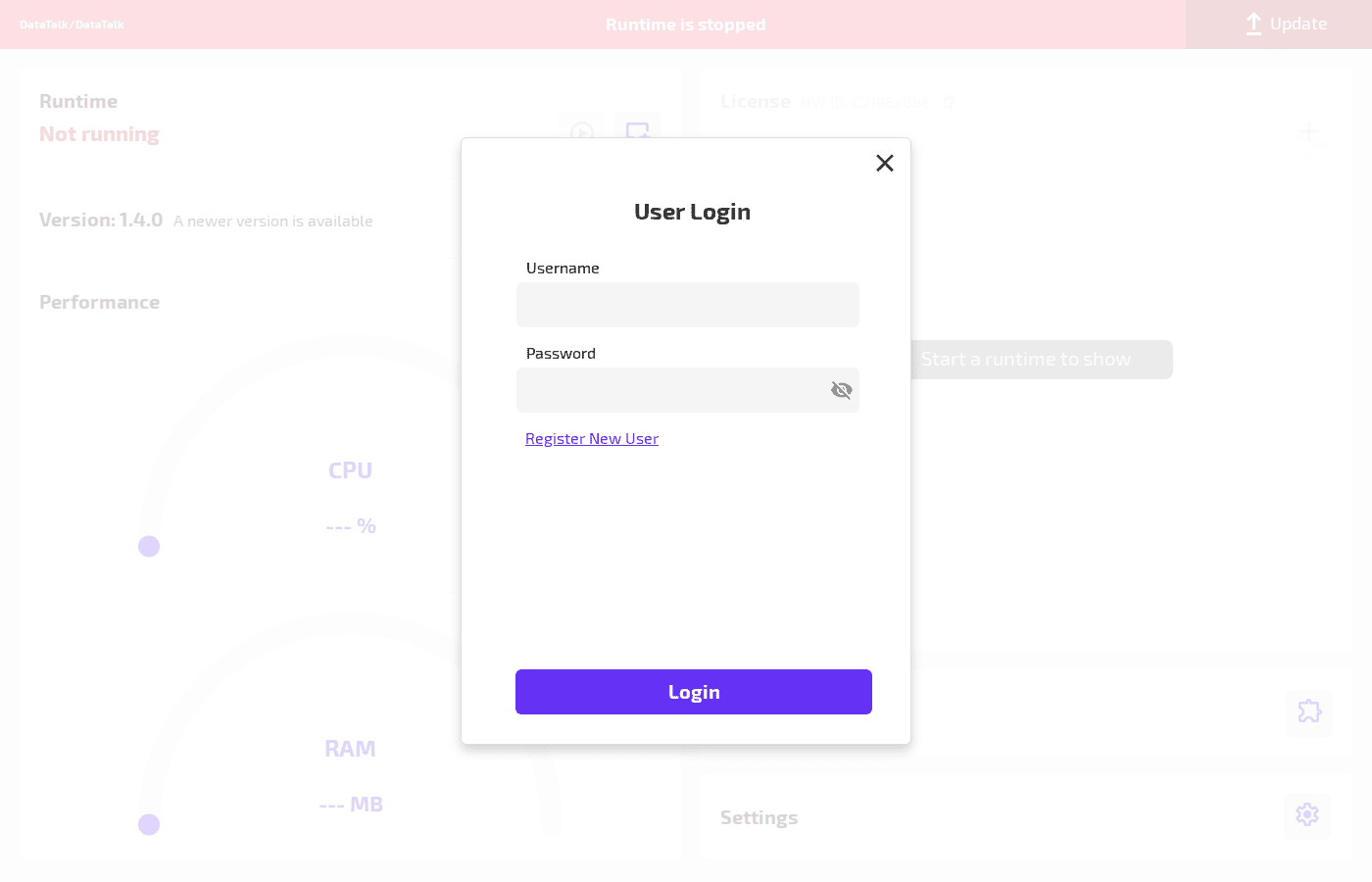 User Login dialog with Username, Password fields and Login button