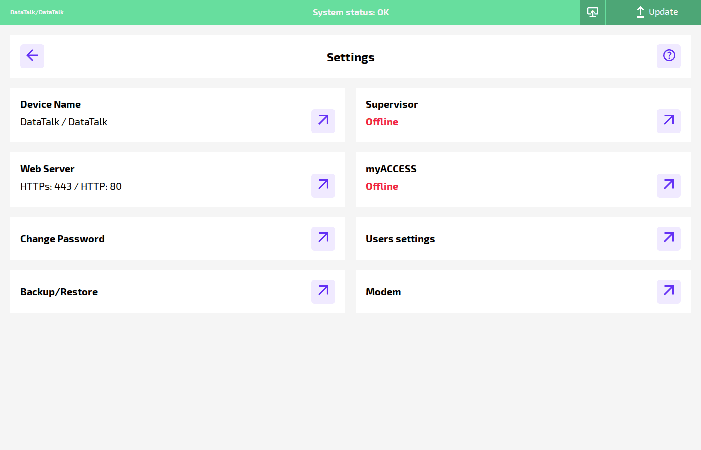 Settings overview showing all eight configuration areas: Device Name, Web Server, Change Password, Backup/Restore, Supervisor, myACCESS, Users settings, Modem