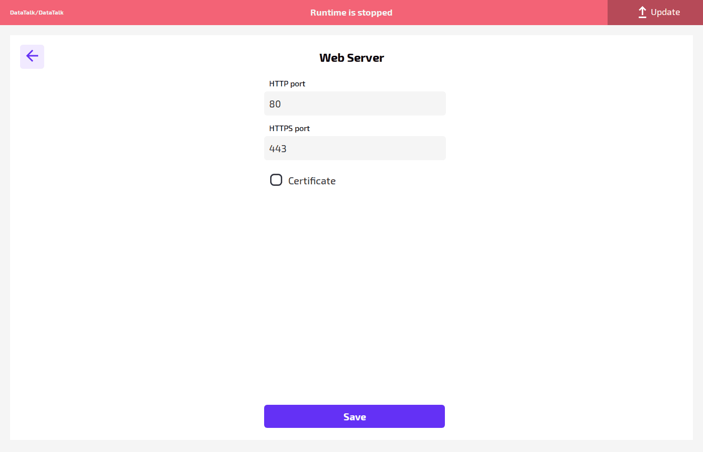 Web Server settings showing HTTP port 80, HTTPS port 443 and Certificate checkbox
