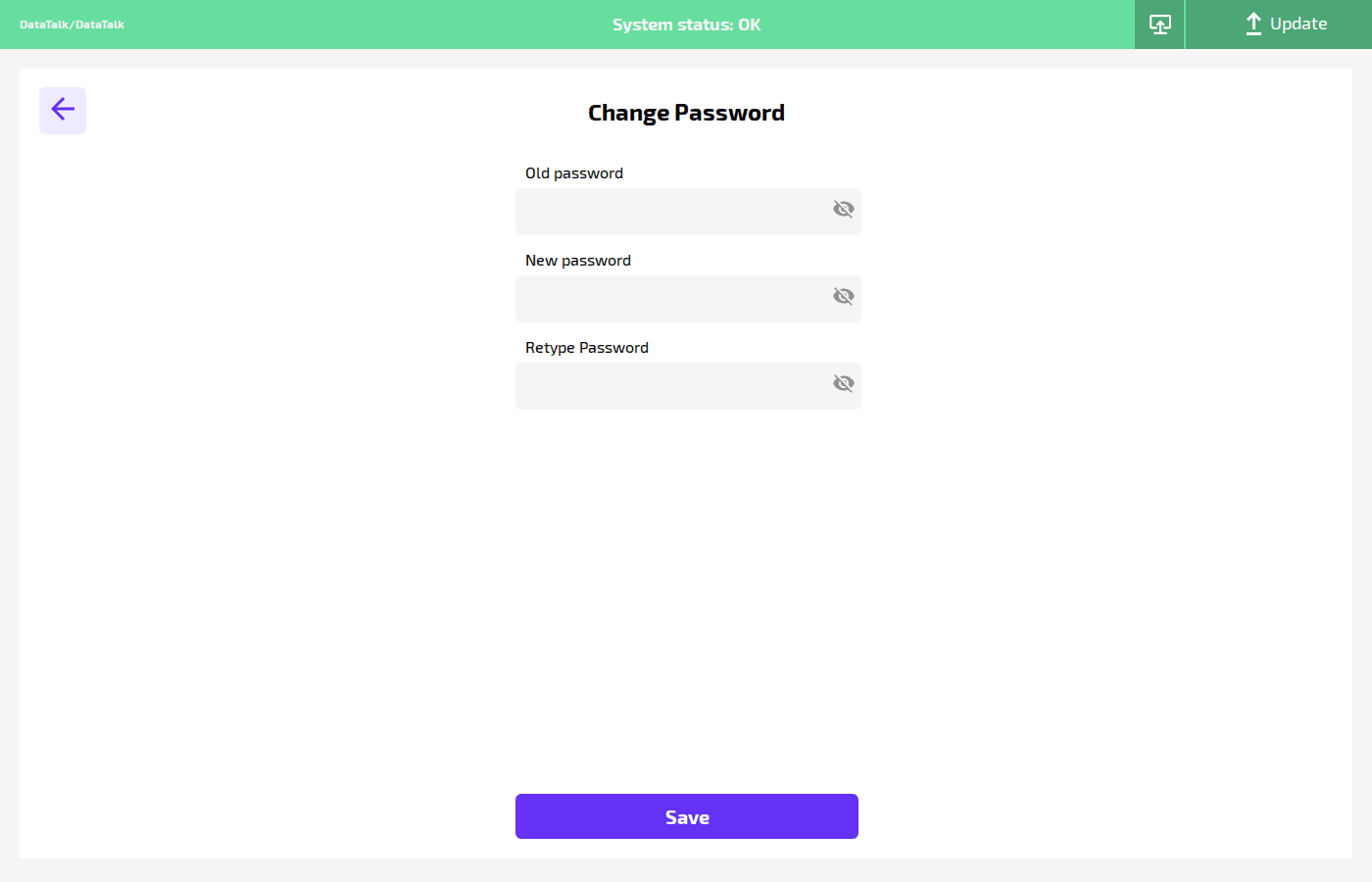 Change Password form with Old password, New password, and Retype Password fields