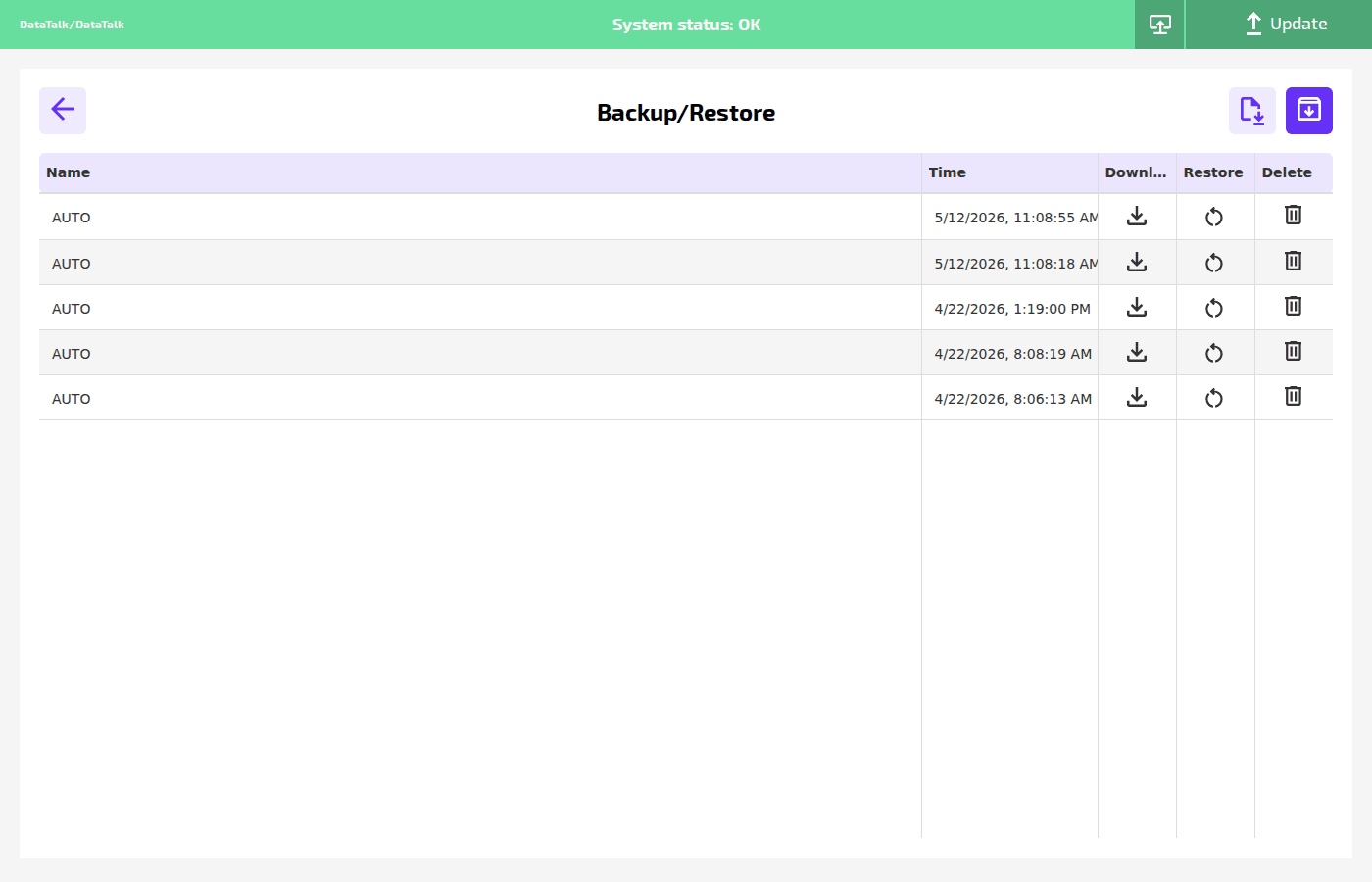 Backup/Restore list showing AUTO backups with timestamps and Download, Restore, Delete actions