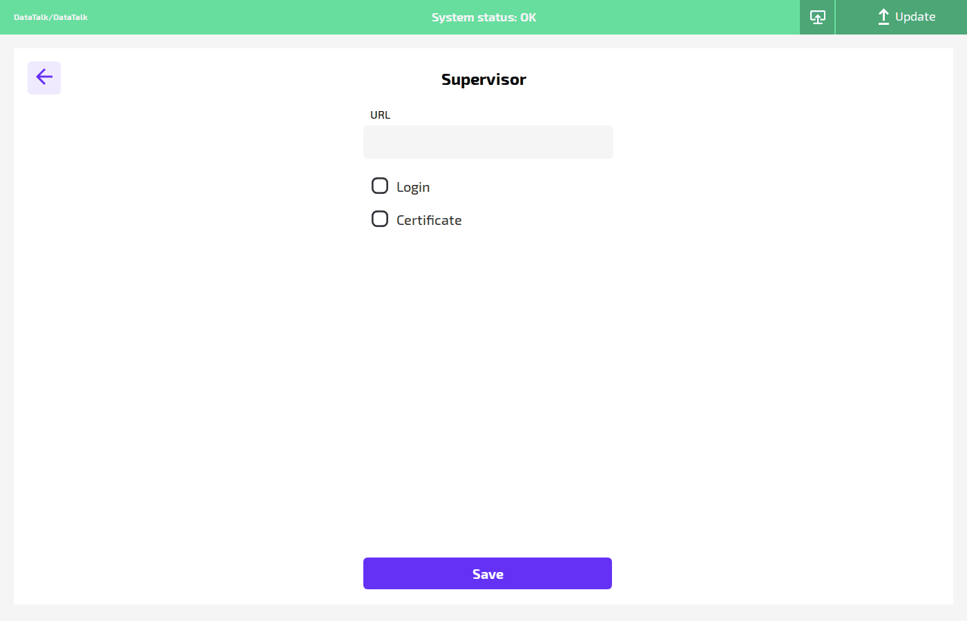 Supervisor settings with URL field and Login/Certificate checkboxes