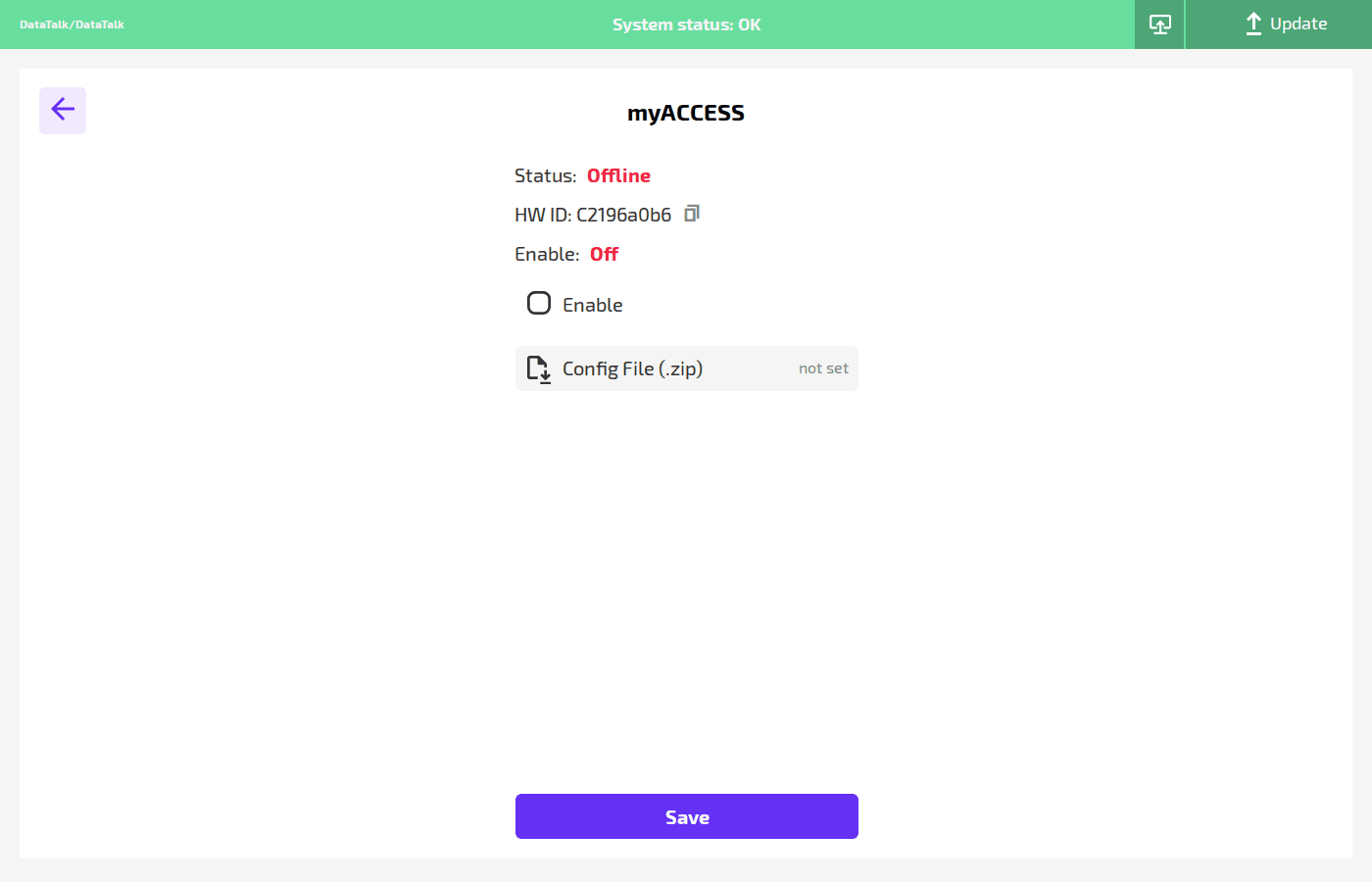 myACCESS settings showing Status: Offline, HW ID, Enable toggle and Config File upload