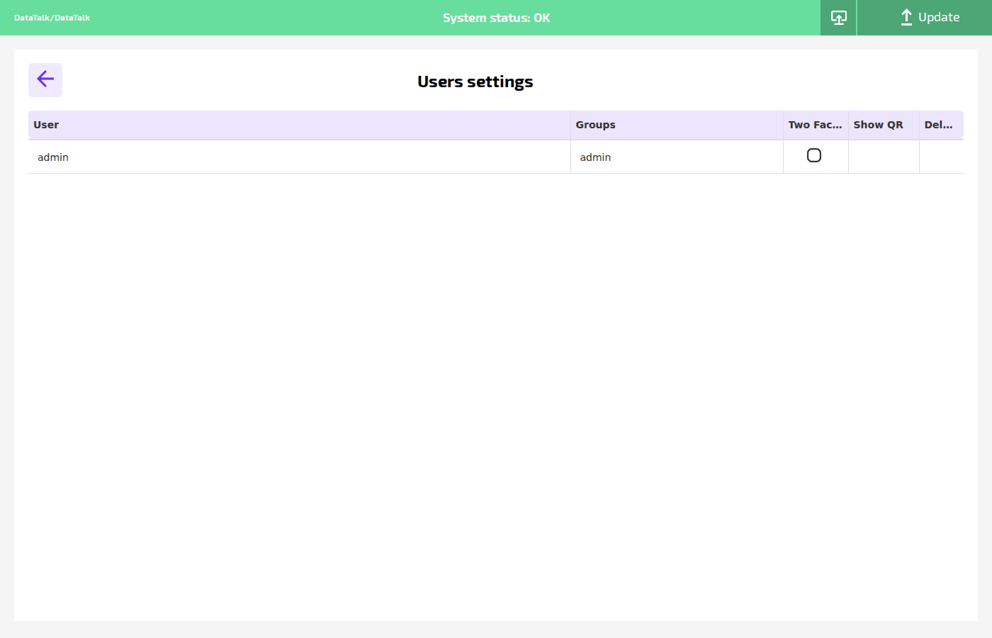 Users settings table with User, Groups, Two Factor, Show QR and Delete columns for the admin user