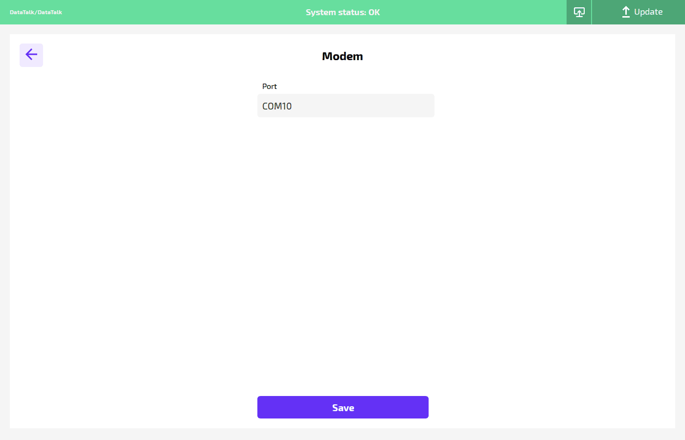 Modem settings showing Port field set to COM10