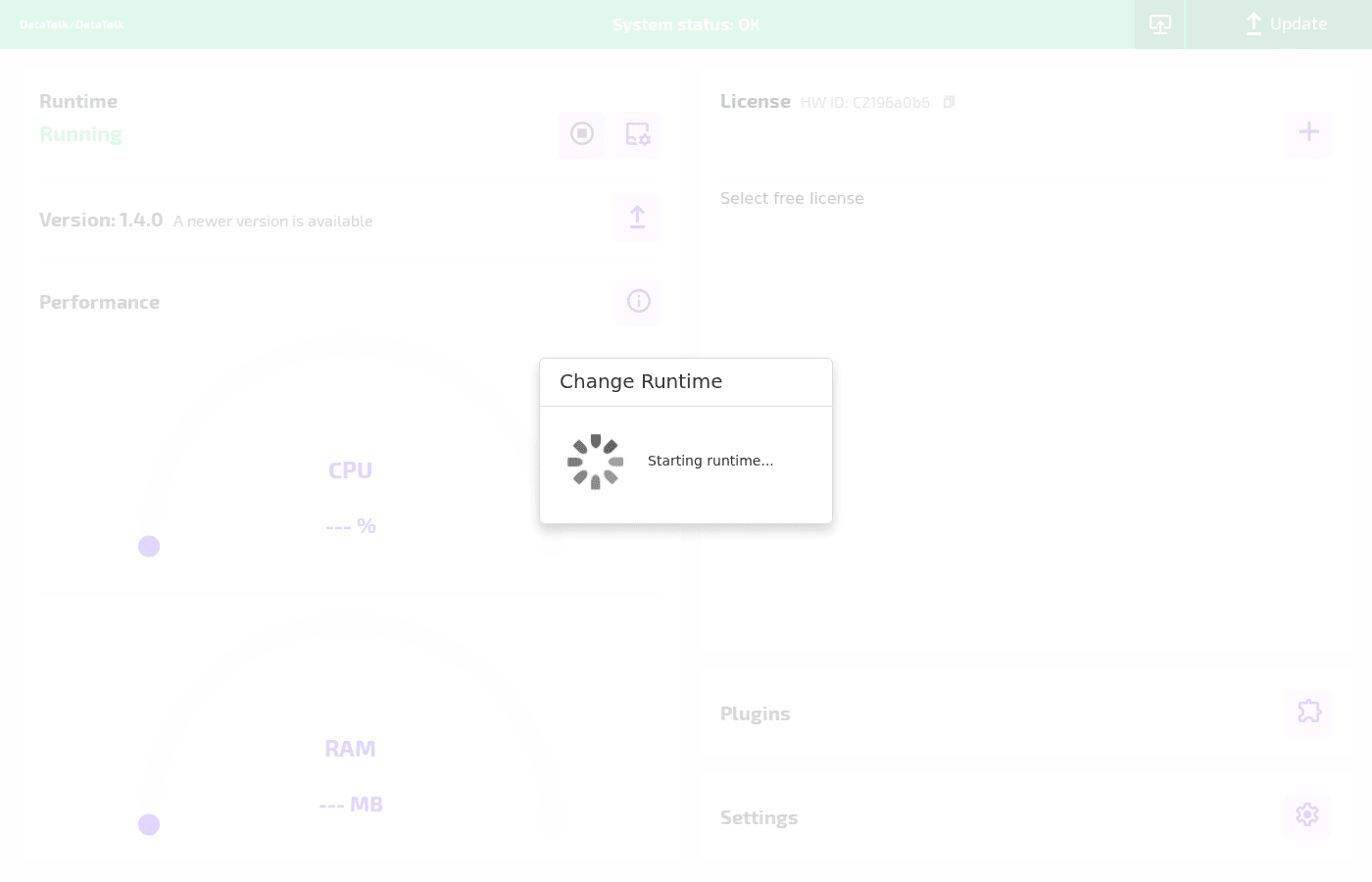 Dashboard showing Runtime starting dialog with "Starting runtime..." spinner