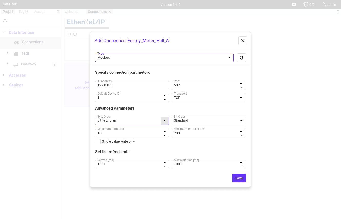 Modbus connection form with IP Address, Port, Device ID and refresh rate fields