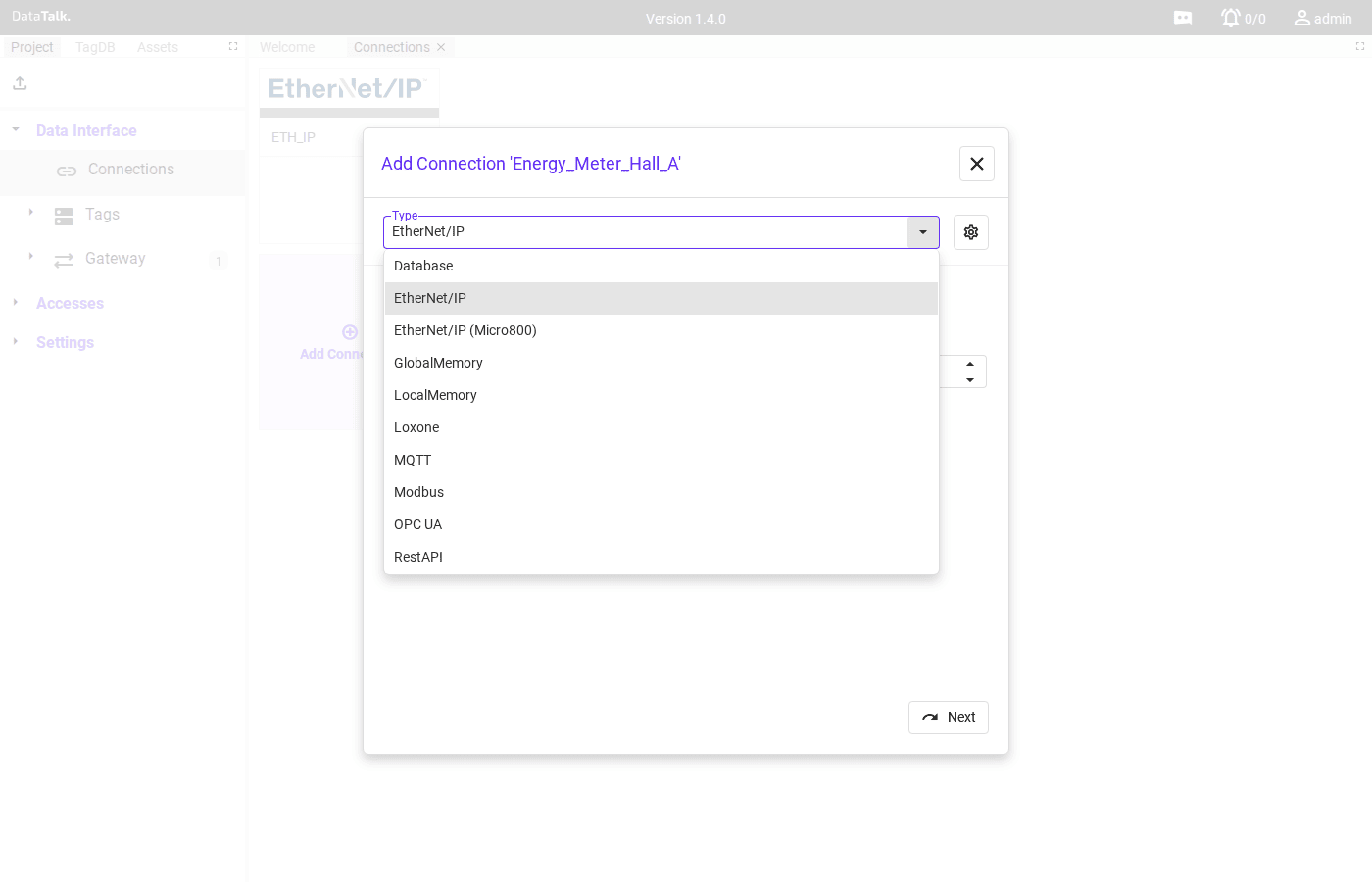 Type dropdown open showing all available connection protocols