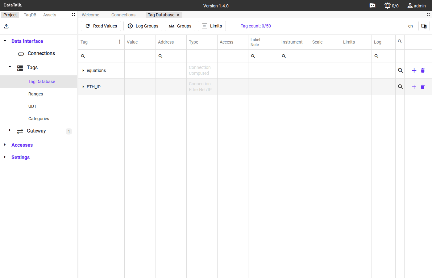 Tag Database showing connections as expandable rows with columns for Tag, Address, Type, Access, Label, Instrument, Scale, and Log