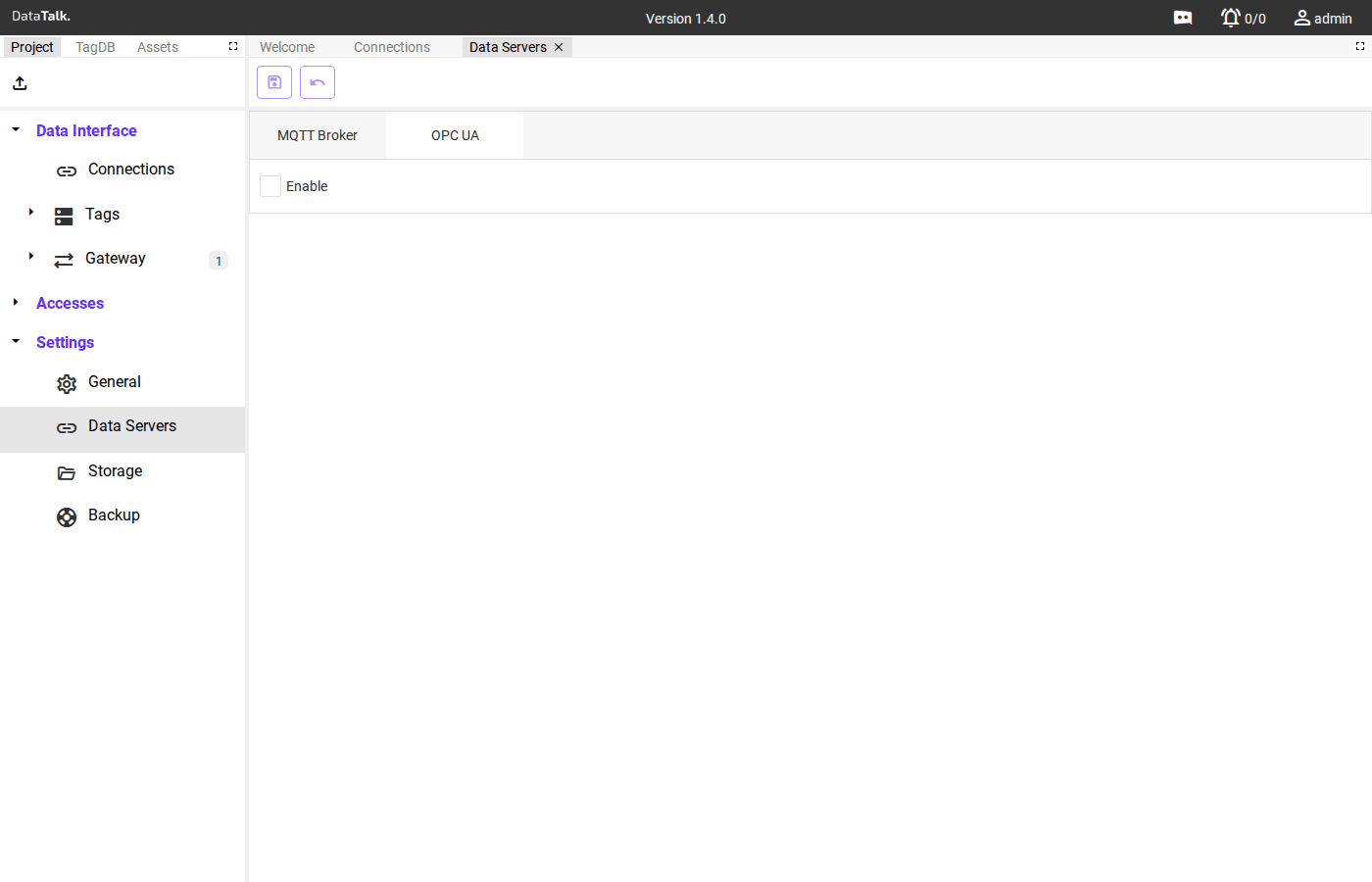 Data Servers page with MQTT Broker and OPC UA tabs