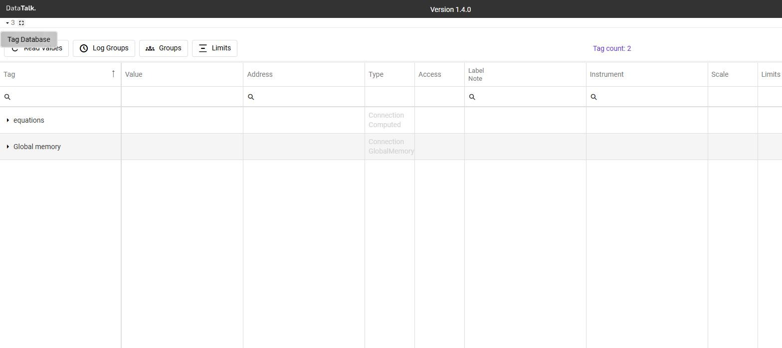 Tag Database — columns: Tag, Value, Address, Type, Access, Label/Note, Instrument, Scale, Limits; toolbar: Read Values, Log Groups, Groups, Limits; tag count shown top-right