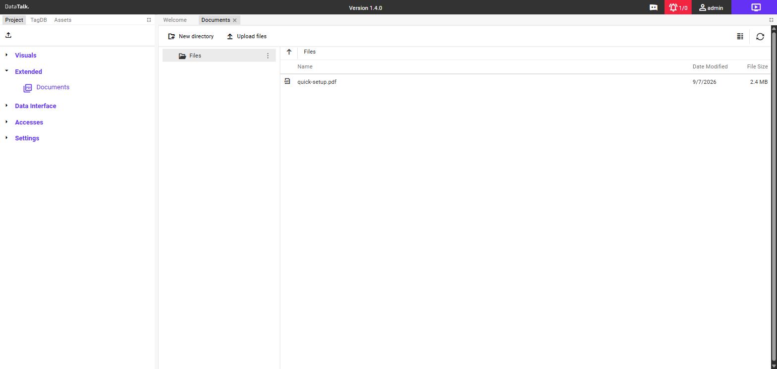 Documents section โ Files folder with quick-setup.pdf listed; toolbar: New directory, Upload files