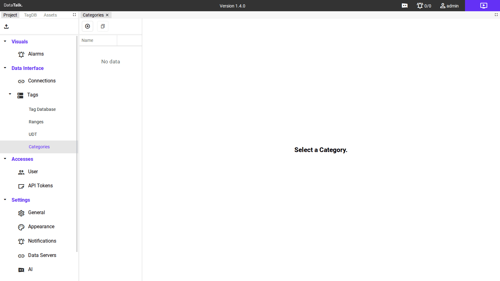 Categories page — Name column with empty list