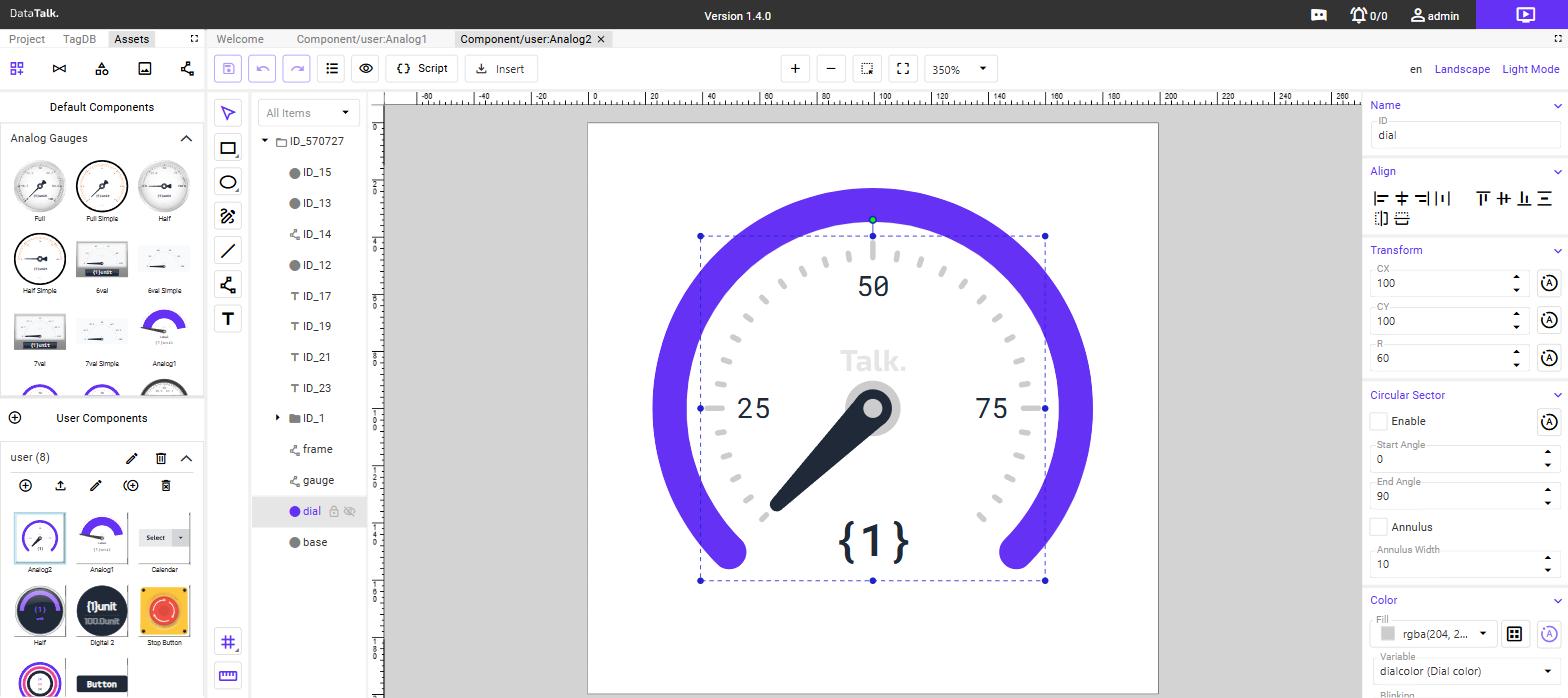 Circle element "dial" selected — Circular Sector enabled with Start Angle 0, End Angle 90, Annulus on, and Color Variable "dialcolor (Dial color)"