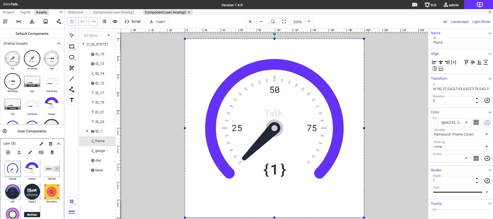 Path element "frame" selected — Color Variable field set to "framecolor (Frame Color)", with Transform showing X/Y and Rotation fields each with an A button