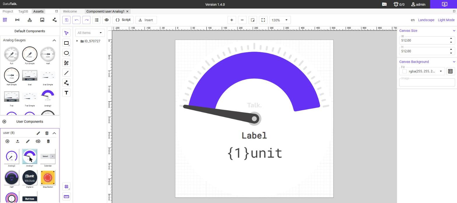 Component Editor open with the Analog1 gauge component — layer tree on the left, gauge canvas in the centre, Canvas Size and Background settings on the right