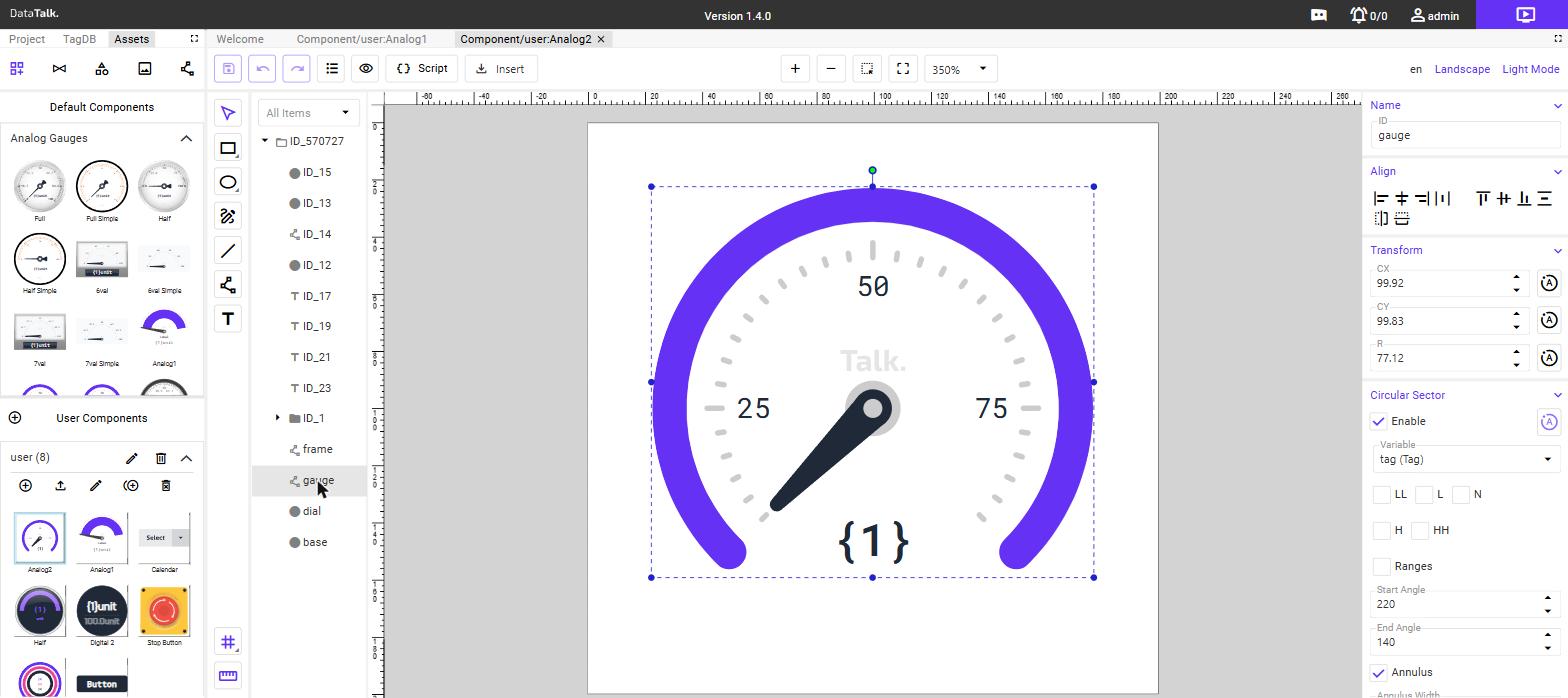 Circle element "gauge" selected — Circular Sector enabled with Variable "tag (Tag)", Start Angle 220, End Angle 140, Annulus on. The arc sweeps from 220° to 140° driven by the live tag value.