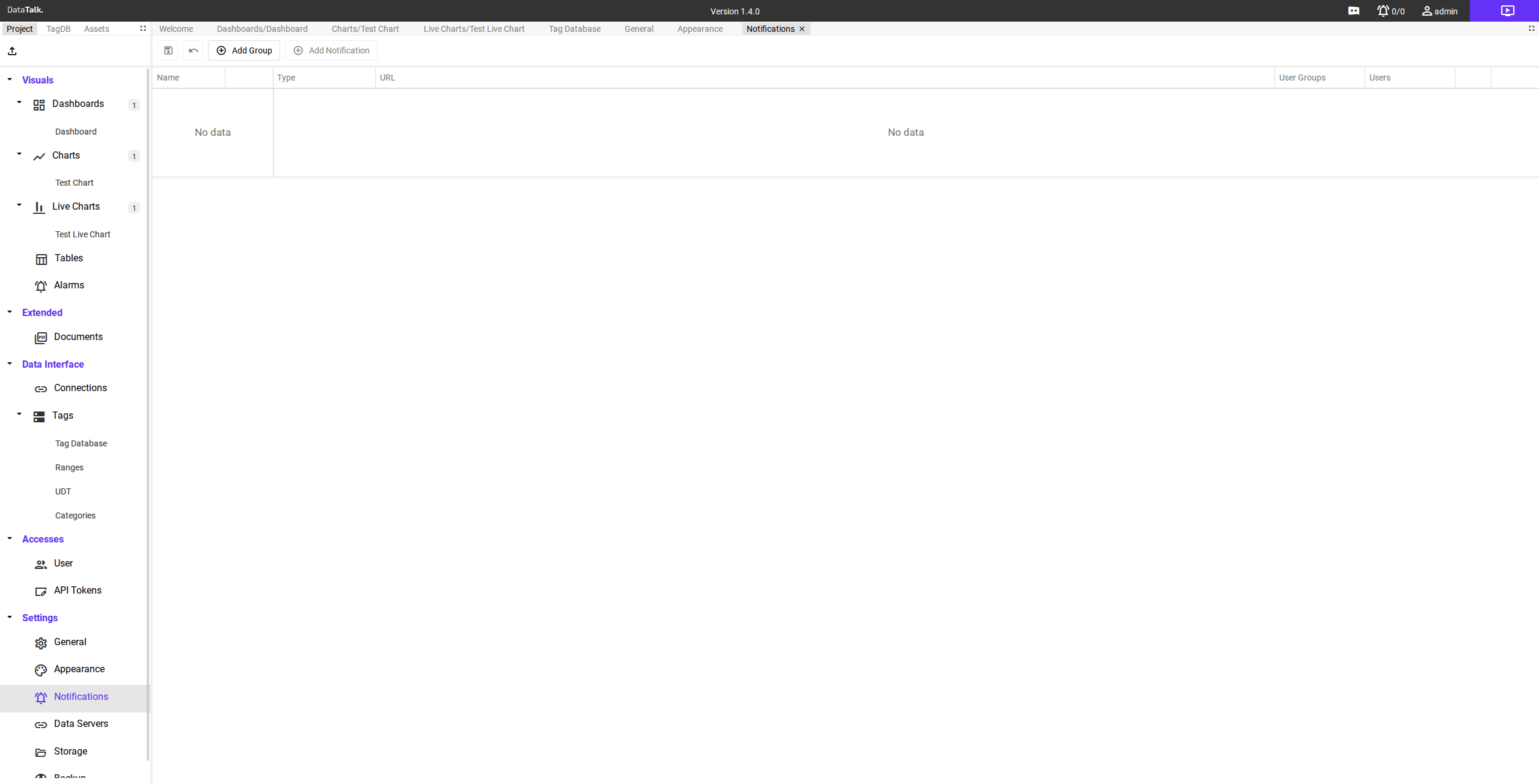 Notifications page — group list on the left, notifications table on the right