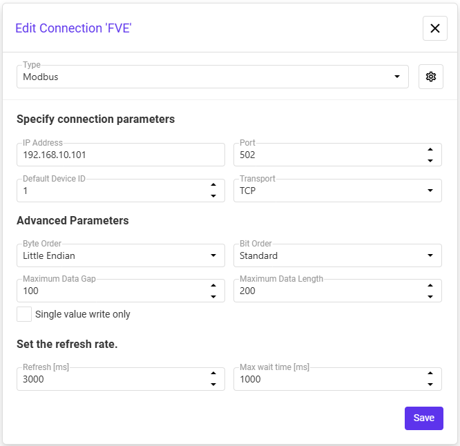 Modbus connection parameters