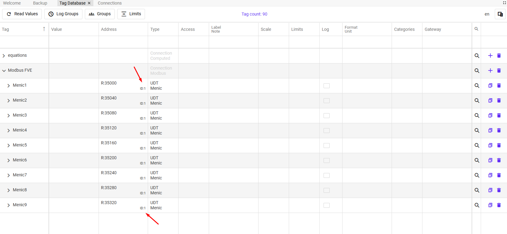 Modbus Device ID in tag address field