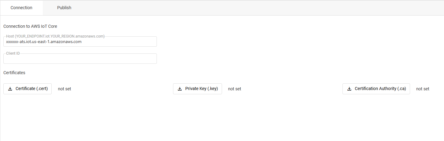 AWS IoT connection details in DataTalk