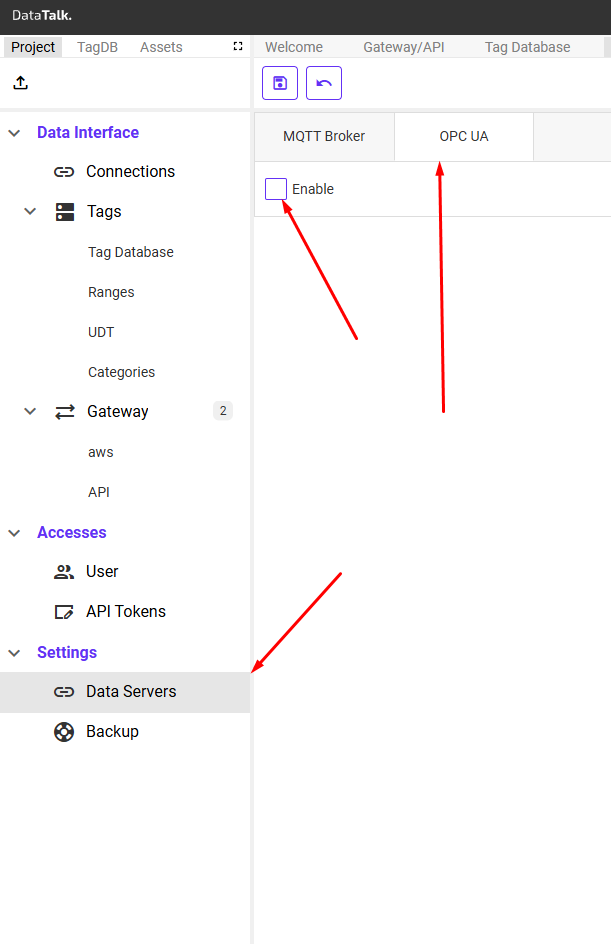 OPC UA Server — enable toggle in Data Servers