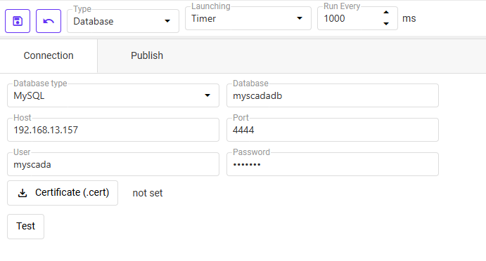 Database gateway — connection details and Test button
