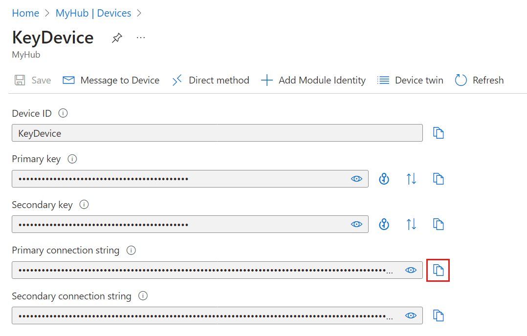 Azure IoT Hub — copying the device Primary Connection String