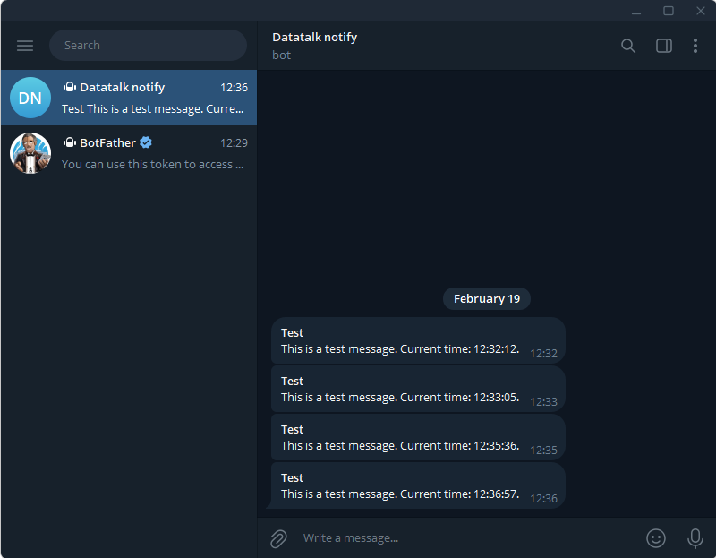 Telegram notification channel configured in DataTalk